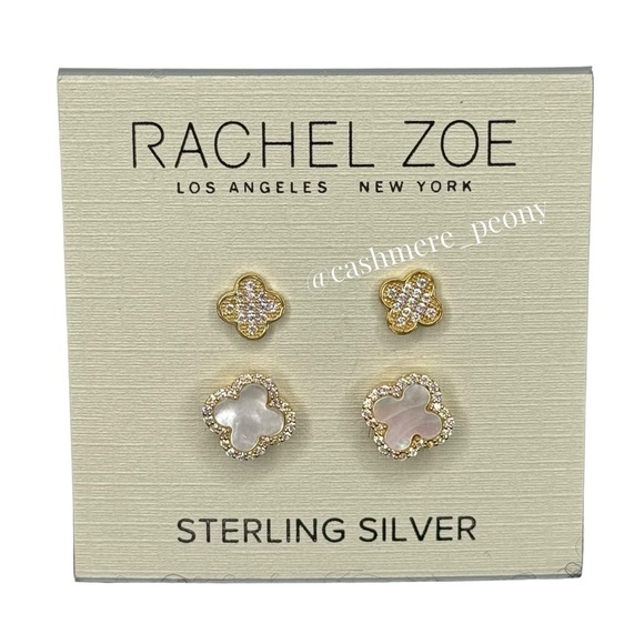 Rachel Zoe Gold/Sterling Silver Mother of Pearl & Pave Clover 2 Pair Earrings - Picture 1 of 2